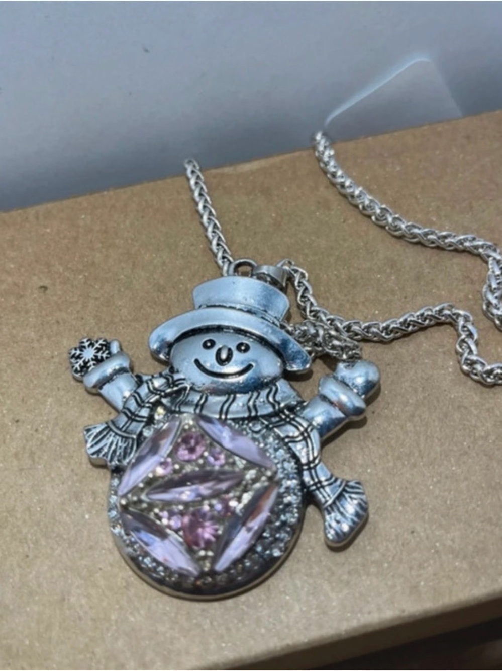Silver Snowman Necklace with Pink Crystal Accents